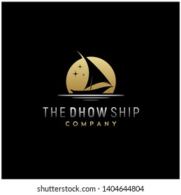 Silhouette of Dhow logo design, Traditional Sailboat Ship from Asia Africa, Sailing Boat on the Sea Ocen River at night