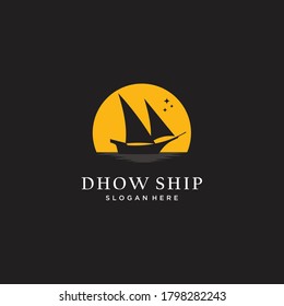 Silhouette of Dhow in the moon logo design. Dhow Or Ship Logo Design Inspiration Vector. Traditional Sailboat illustration