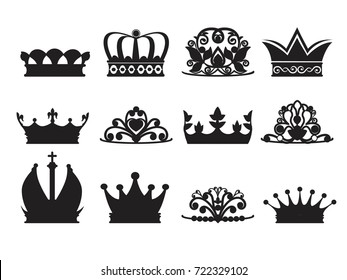 Silhouette of diadems and crowns. Vector monochrome pictures isolate. Crown queen or princess, luxury crown decoration illustration