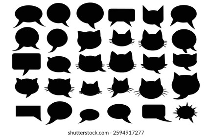 Silhouette dialogue box chat box cat box speech bubbles, blank chat balloons cat face cloud bubble silhouette, empty dialog balloon outline conversation message icon silhouette vector set	