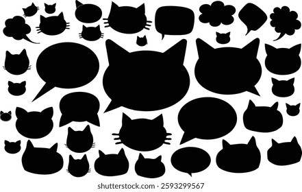 Silhouette dialogue boxes cat boxes and speech bubbles. Blank chat balloons in various shapes, including cat faces and cloud bubbles. Empty dialog balloon outlines for conversation messages set.