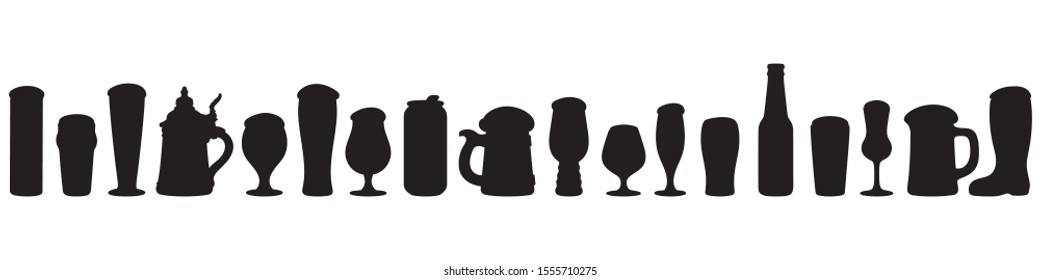 Silhouette of different beer glasses and mugs. Seamless border. Vector illustration isolated on white background. Design for brewery, beer festival, bar, pub decoration.