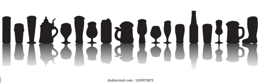 Silhouette of different beer glasses and mugs with transparent reflection. Seamless border. 