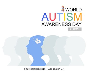 Silhouette of different child with butterfly and autism ribbon in flat vector, autism awareness day concept.