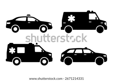 Silhouette of different emergency vehicles, including police car, ambulance and taxi, medical or emergency service concepts