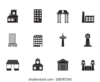 Silhouette different kind of building and City icons - vector icon set