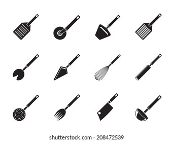 Silhouette different kind of kitchen accessories and equipment icons - vector icon set