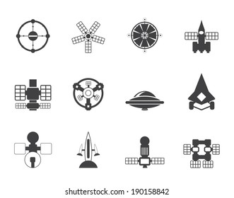 Silhouette different kinds of future spacecraft icons - vector icon set