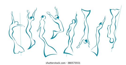 Silhouette with different pose of free divers in monofin. Vector freediving icons on a white background.