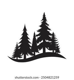 Silhouette of different types of forest pines and Christmas trees with soil in the form of a wave, forest logo.