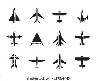 Silhouette different types of plane icons - vector icon set