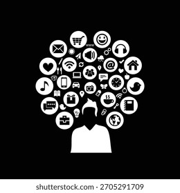 Silhouette with Digital Thought Cloud Icons – Modern Life and Tech Overload Visual Concept