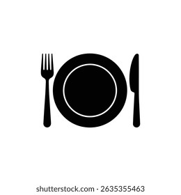 Silhouette of a dinner plate, fork, and knife with rounded edges. Clean, simple black icon on transparent background, perfect for various designs.