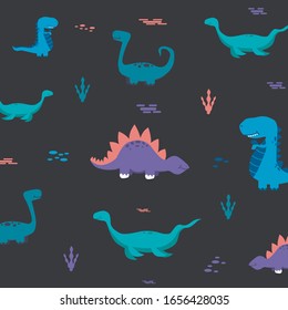 Silhouette Dino Seamless pattern, ancient animals, dinosaurs silhouettes, cartoon dinosaur set, Dinosaur vector childish background for fabric,textile