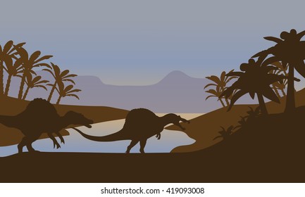 Silhouette of dinosaur in lake at the sunset