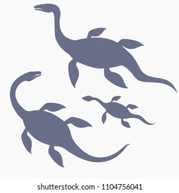 Silhouette of dinosaur Nessie form Loch Ness lake vector illustration, Loch Ness monster family isolated on white background.