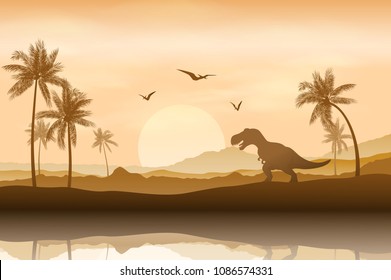 Silhouette Of A Dinosaur In Riverbank Background