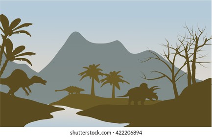 Silhouette of dinosaur in riverbank at the morning