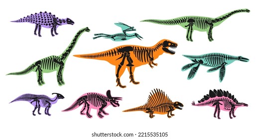 Silhouette dinosaur skeletons and bones on colorful shadows shapes set. Triceratops, tyrannosaurus, brahiosaurus, velociraptor, stegosaurus, parasaurolophus. Vector illustration svg
