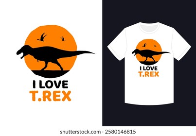 Silhouette of a dinosaur Tyrannosaurus Rex with the sun and flying pterosaurs in the background, featuring the text "I Love T.rex"