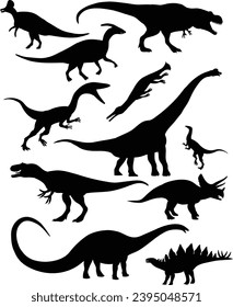 Silhouette of Dinosaurs. Silhouette of brontosaurus, triceratops, stegosaurus and others reptile
