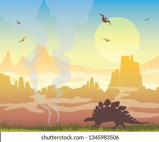 Silhouette of dinosaurs, green grass, fog and mountains on a sunset sky. Prehistoric illustration with extinct animals. Vector nature landscape with stegosaurus and pterodactyls.