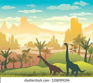 Silhouette of dinosaurs, green grass, plants and mountains on a blue cloudy sky. Prehistoric illustration with extinct animals. Vector nature landscape with diplodocus and pterodactyls.