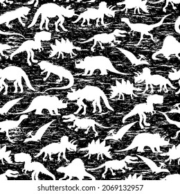 Silhouette of dinosaurs pattern. Vector seamless pattern with dinosaurs and scratches.
