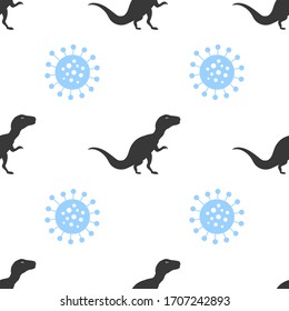 Silhouette Dinosaurs Vector Seamless Pattern with molecule coronavirus. Background Wallpaper