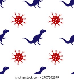 Silhouette Dinosaurs Vector Seamless Pattern with molecule coronavirus. Background Wallpaper