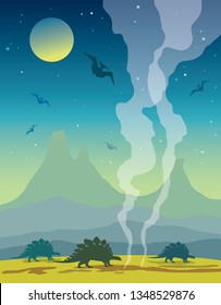 Silhouette of dinosaurs, volcanoes and mountains on a night sky with full moon and stars. Prehistoric illustration with extinct animals. Vector nature landscape with stegosaurus and pterodactyls.