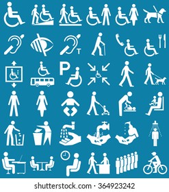 Silhouette disability and people related graphics collection isolated on blue background