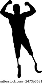 Silhouette of a Disabled Athlete Celebrating Triumphantly, Raising Arms in Victory and Achievement, Symbolizing Determination and Strength.