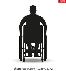 Silhouette of Disabled man in wheelchair. Disability Man sitting in wheelchair and hold wheel. Front view. Vector Illustration isolated on white background.