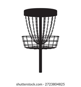 Una silueta de una cesta de golf de disco con cadenas y un marco de metal