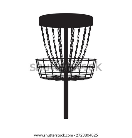 A silhouette of a disc golf basket with chains and a metal frame