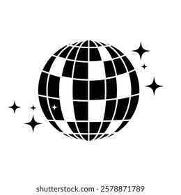  Silhouette of Disco ball icon, vector with shining star. Disco ball or mirror ball icon symbol  with star. Disco ball icon for party club, nightclub, DJ, discotheque, event. Vector illustration.