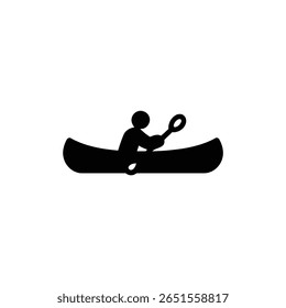 Silhueta exibe uma pessoa remando uma canoa, simbolizando esporte, aventura e recreação ao ar livre, mostrando uma linha minimalista que evoca viagens. Canoeist se envolve em canoagem com movimento de pá.