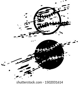 Silhouette distressed baseball ball, Softball Black and white sport vector icon