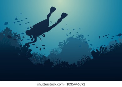 Silhouette of diver, coral reef and underwater cave on a blue sea background. Vector illustration.