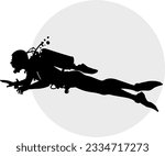 A silhouette of a diver with diving equipment