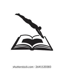 Silhouette of diver diving into an open book image