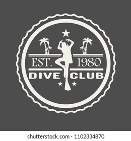Silhouette of diver. Graphic design of stamp. The concept of sport diving.