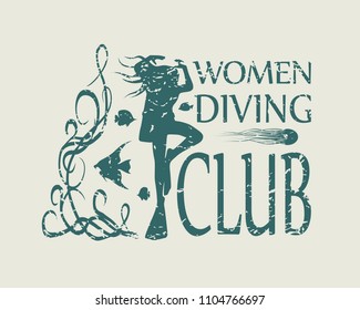 Silhouette of diver. Graphic design of stamp. The concept of sport diving.