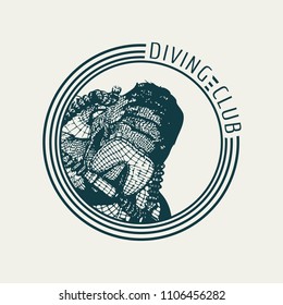 Silhouette of diver. Graphic design of stamp. The concept of sport diving.