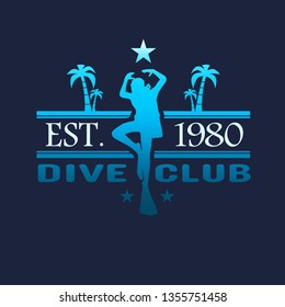 Silhouette of diver. Graphic design of stamp. The concept of sport diving.