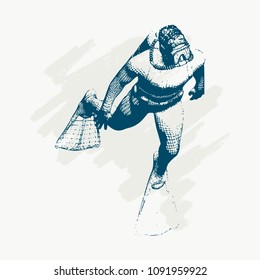 Silhouette of diver. Icon diver. The concept of sport diving. Vintage engraved illustration