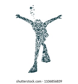 Silhouette of diver. Icon diver. The concept of sport diving. Grunge cracked texture