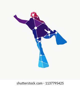 Silhouette of diver. Icon diver. The concept of sport diving. Textured by connected lines with dots.