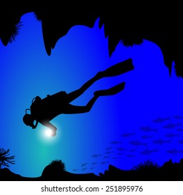 silhouette of diver on the seabed